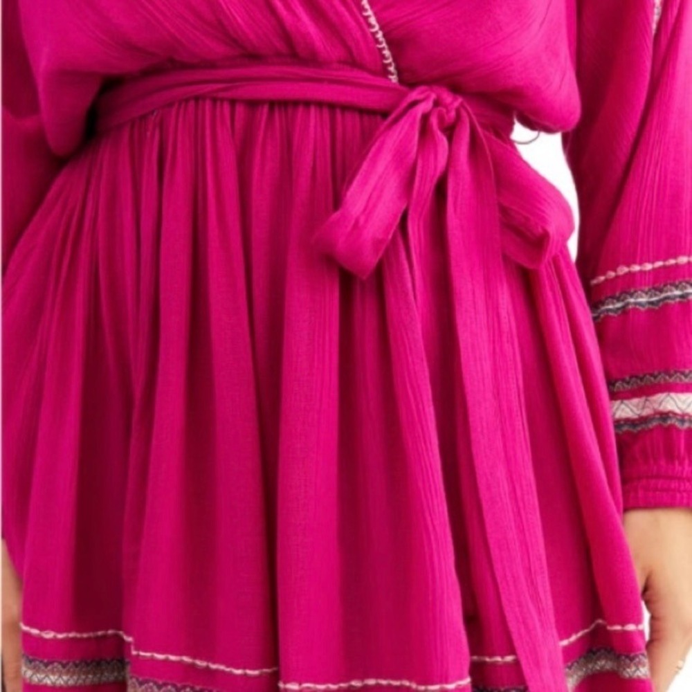 NEW FREE PEOPLE Delilah Embroidered Wrap Mini Dress Size M Pink Festival‎ Boho - Picture 7 of 11